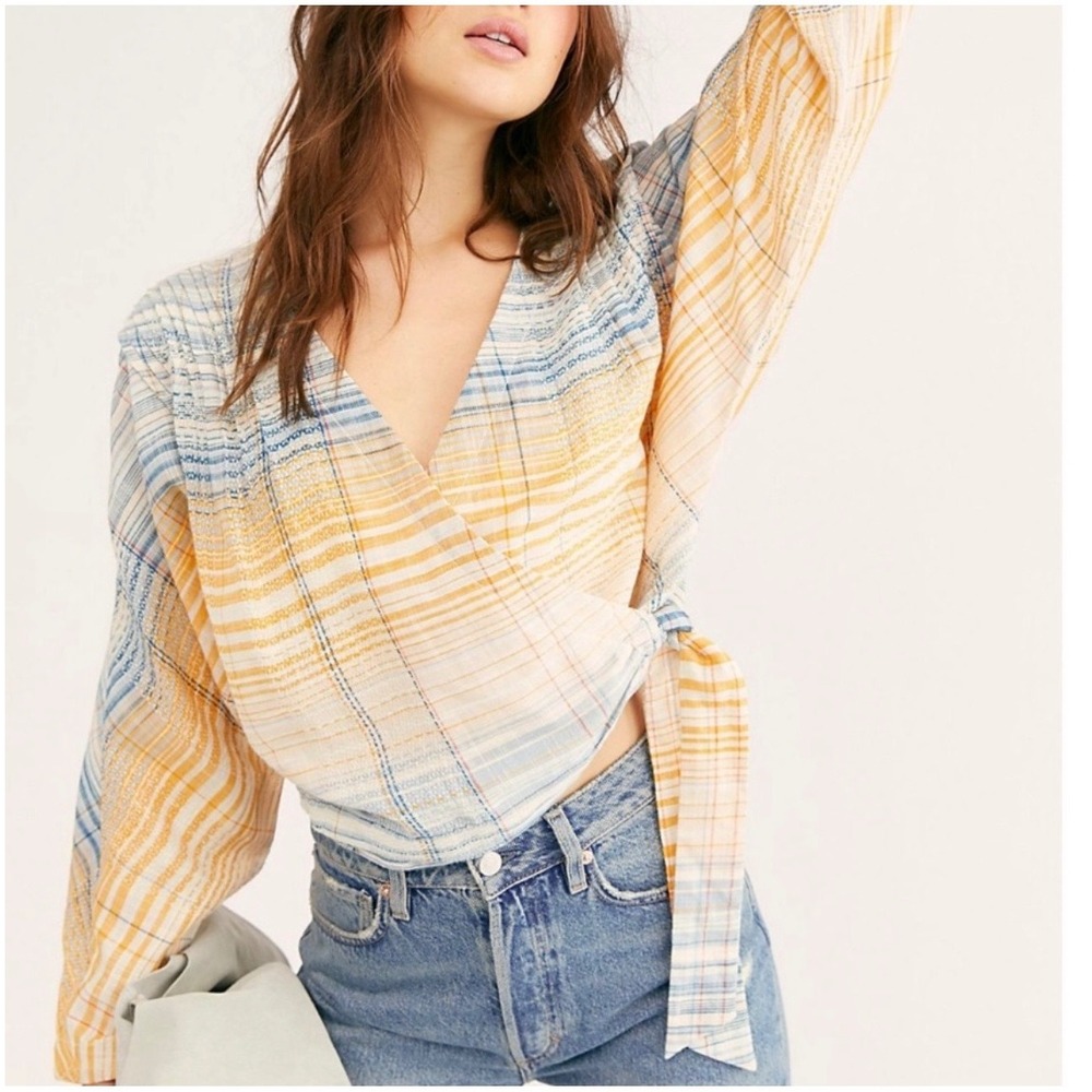 Free People We The Free Plaid Wrap Top Yellow Blue Cotton Gauze Large